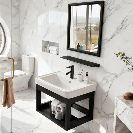 Vivanido Lavabo Para Baño Cerámica Pared Con Estantería Y Espejo Grifo Kit, Lavabo Rectangular Moderno Combo De… Blanco Brillante