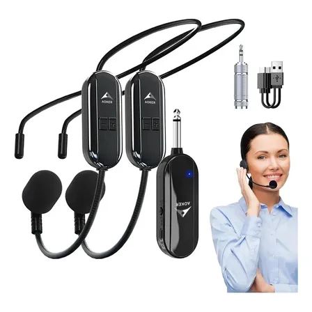 Kit 2 Microfone Sem Fio Headset Aula Conferencia Professor Preto Aoker Compatível com as entradas de microfone P10 e P2 Adequado Para Orientação De Percursos Montado Na Cabeça E Portátil 2 Em 1