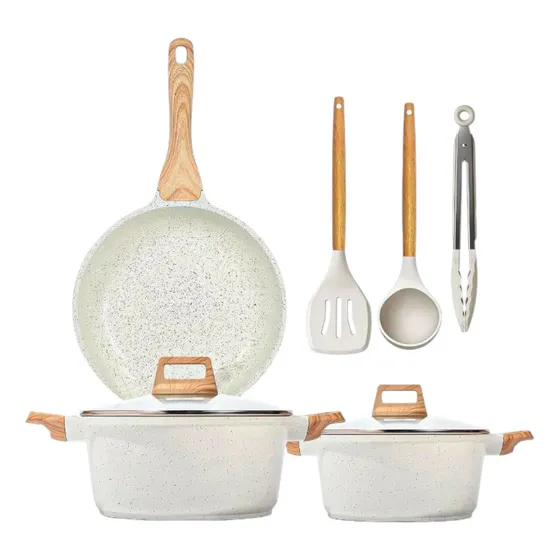Set Bateria De Cocina Keep Nude Line 8 Pcs Mangos Madera Color Blanco