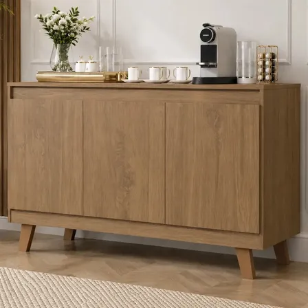 Buffet Aparador Retrô com 3 Portas de MDF para Sala de Jantar, Cozinha e Cantinho do Café Freijó