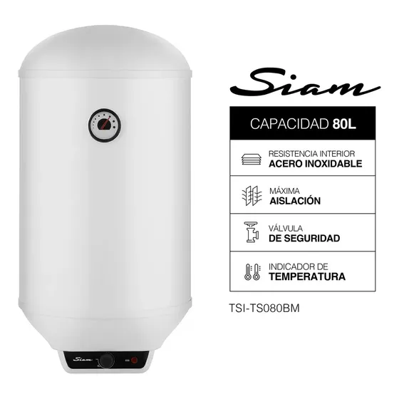 Termotanque Eléctrico Siam 80 Lts 1800 W Conexión De Agua Inferior Temperatura Ajustable