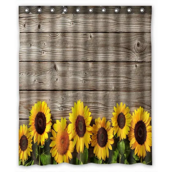 Cortina Ducha Diseño Flor Girasol Madera Rustica Impermeable