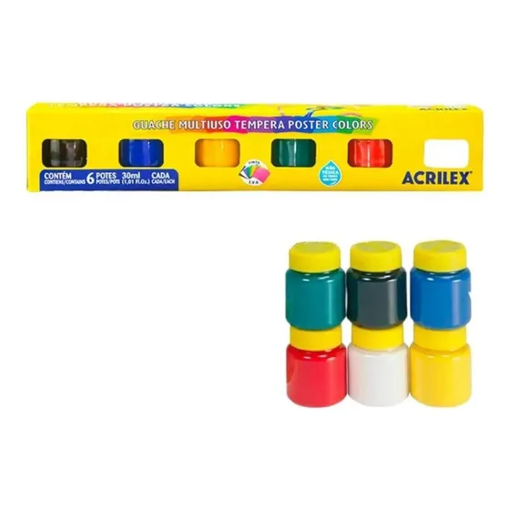 Póster multiusos con témpera, aguada, color Acrilex, 30 ml, 6 colores