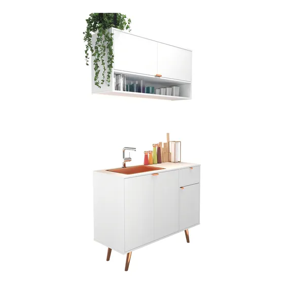Cozinha C/ Armário Compacto Balcão Branca Com Cobre Retrô Cor Branco Com Cobre