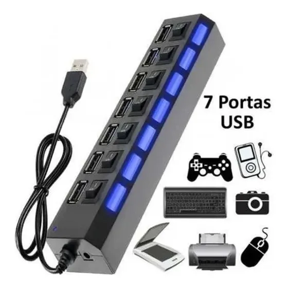 Hub Usb Switch 7 Portas 2.0 Para Impressora Cabo Entrada Com Várias Portas Para Notebook Computador PC Teclado Multimídia Adaptador Mesa Extensor High Speed Hd Externo Pen Drive Led