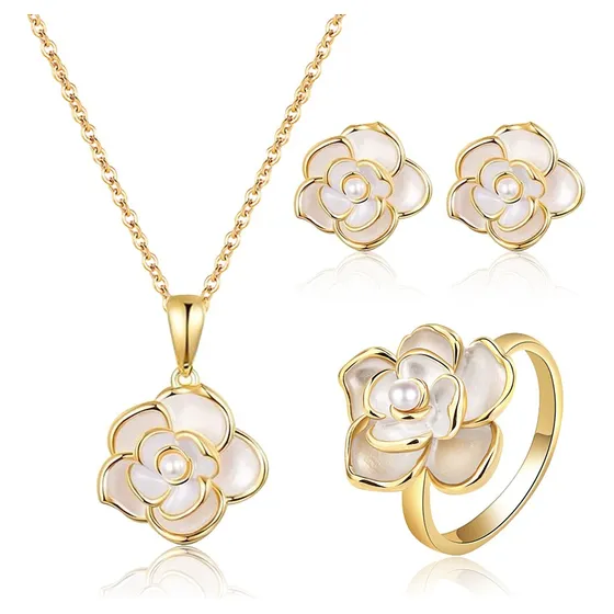 Collar Perlas Rosas Anillo Aretes Juego De Joyería De Lujo