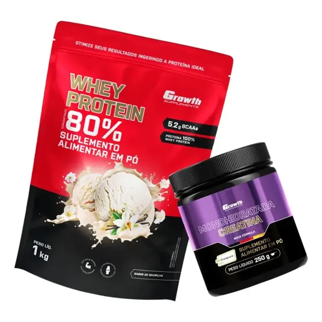 Kit Growth: Whey Protein Baunilha 1kg + Creatina Creapure Sem Sabor 250g
