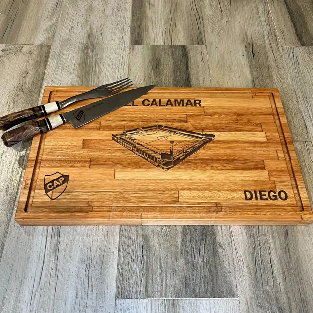 Kit Parrilla Regalo Papá Fútbol Tabla 50x30 Cuchillo Tenedor