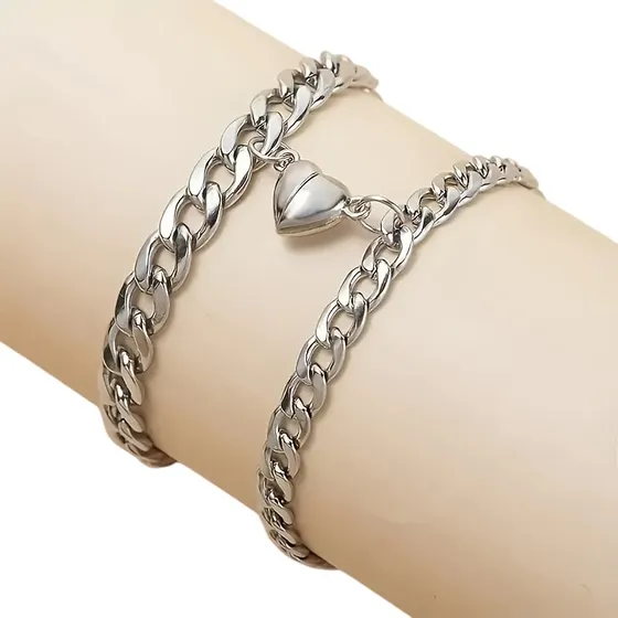 Pack 2 Pulseras De Acero De Cadena Gruesa Con Corazón Pareja