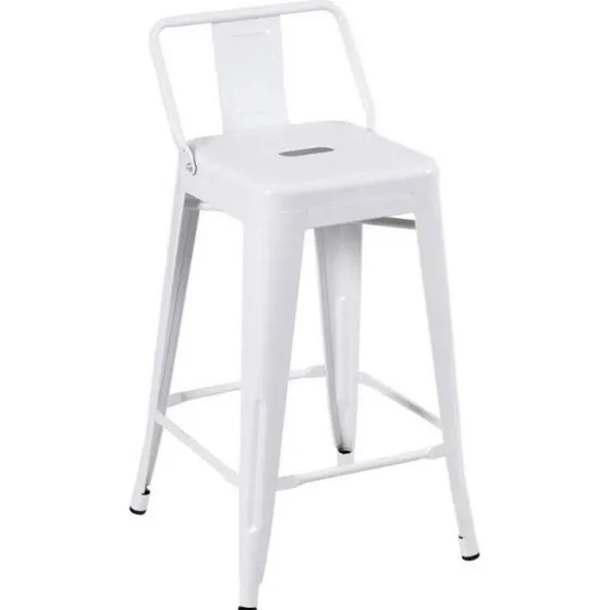 Taburete alto Tolix Iron de acero blanco para cocina con respaldo de 76 cm, estructura epoxídica, acabado blanco brillante