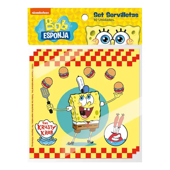 Set 10 Servilletas Bob Esponja 33x33 Cm Para Cumpleaños