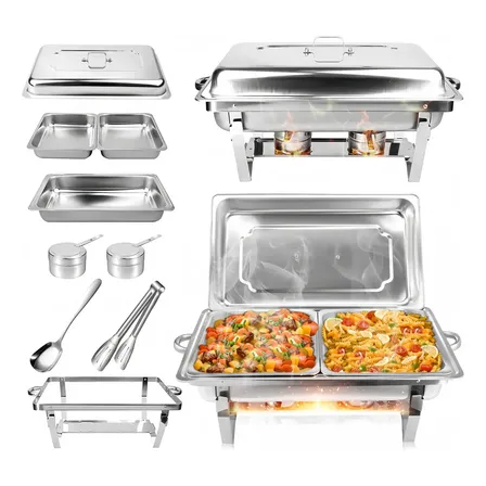 Rechaud Retangular 11 Litros Com 2 Cubas 1/2 Banho Maria E Fogão A Álcool 100% Aço Inoxidável Ideal Para Bufês Restaurantes Banquetes Potlucks Gaonas®
