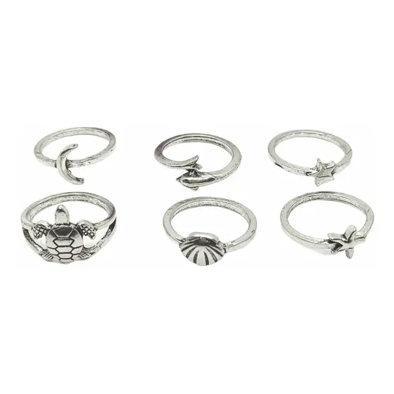 Set 6 Anillos Midi Nudillo Especies Mar Estrella Mar Tortuga