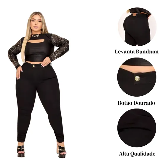 Calça Jeans Plus Size Feminina Preta Com Lycra Do 46 Ao 56