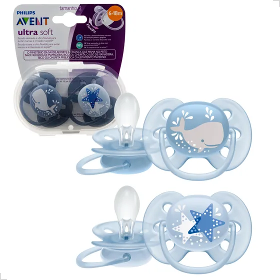 Kit Duplo Chupeta Ultra Soft Menino 6-18 Meses Philips Avent