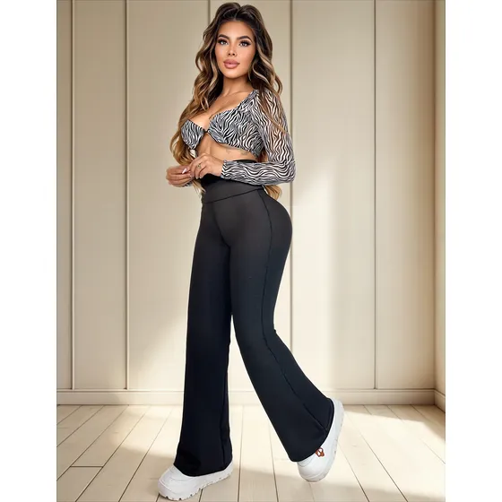 Pantalon Negro Bota Campana Tiro Alto Levanta Cola Suplex