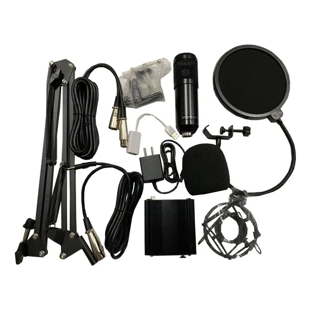Set Microfono Condenser Fuente Phantom Usb Arana Brazo Cable