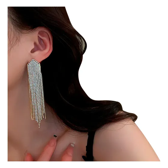 Brinco Festa Feminino Strass Pedra Delicado Franja Largo