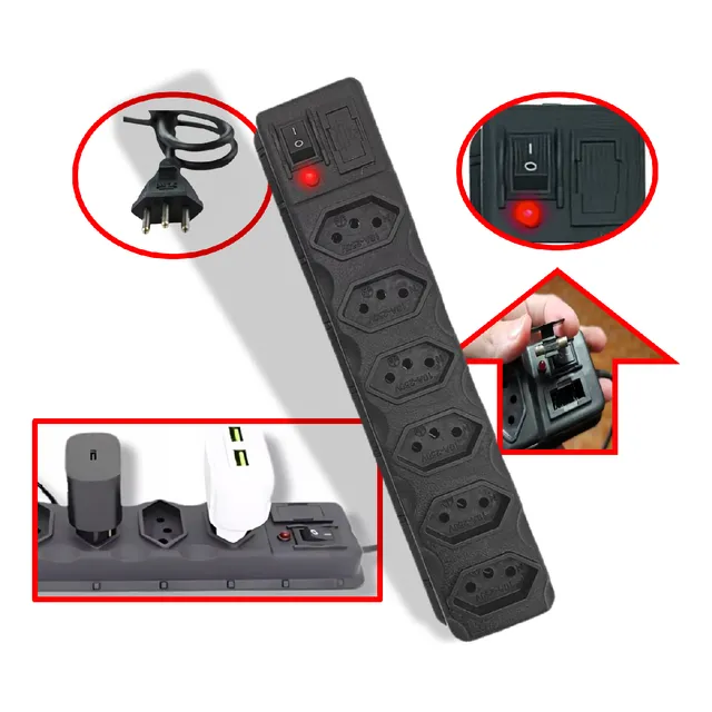 Régua De Extensão Elétrica Filtro Linha 6 Tomadas Bivolt Led