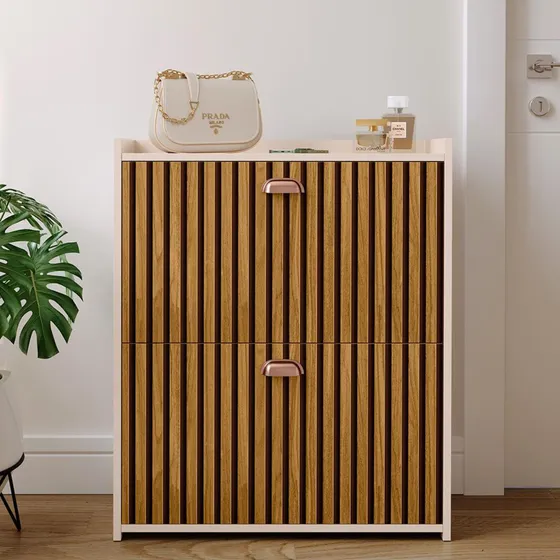 Sapateira 2 Portas Basculantes Hall De Entrada Sapatos Quart Off White Ripado