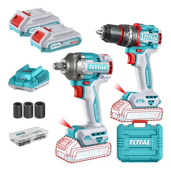Kit Inalámbrico Total Sin Carbones : Llave Impacto 1\u002F2'' 400NM + Atornillador Con Percutor 66NM - Con 2 Baterías 2.0Ah Litio-Ion, Cargador, Maletín, Dados Y Punta - TCKLI20275 | Cuotas sin interés