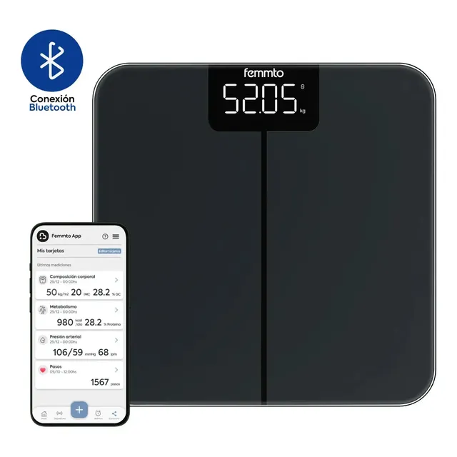 Bascula Digital Personal Femmto Peso Corporal Con Bluetooth Moderna Minimalista 180 Kg Baño Negro