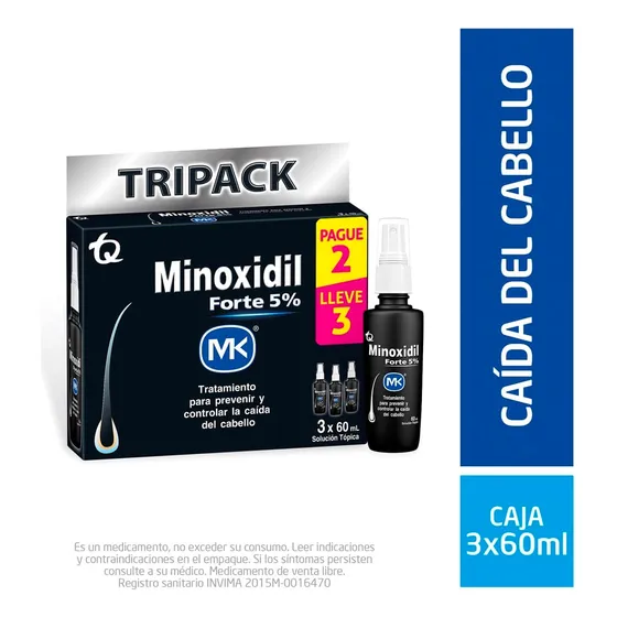 Minoxidil Forte 5% 5g Solución Tópica En Caja Por 3 Frascos De 60 Ml C/u