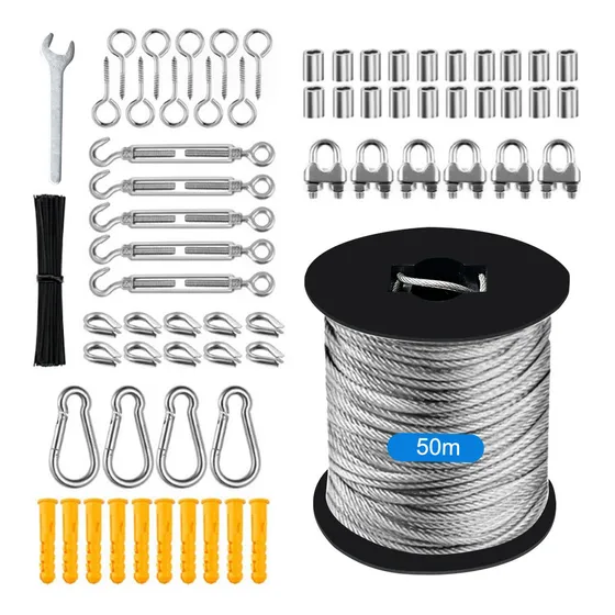 Kit Cable Cuerdas Acero De Alta Tensor 50m Con Gancho 117pzs para Cable de Alambre M5 para Cadena Luces Colgantes Valla Jardín LYAKIXAZY