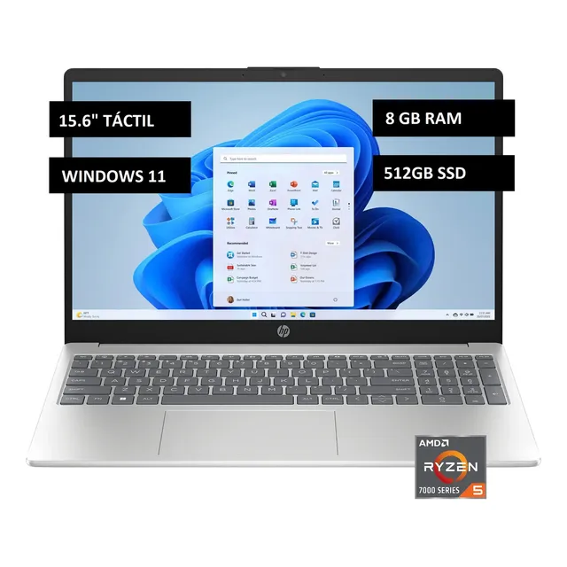 Notebook Hp Amd Ryzen 5 7520U, SSD 512gb, 8gb Ram DDR5, Pantalla 15.6" Touchscreen Táctil, Windows 11 15-FC0025DX