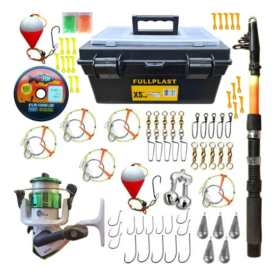 Combo Equipo Pesca Completo Caña + Reel + Caja + 60 Articulo