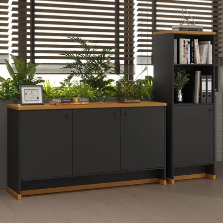 Conjunto Escritório Buffet E Armário Berlin - Vianossa Cor Preto/naturale