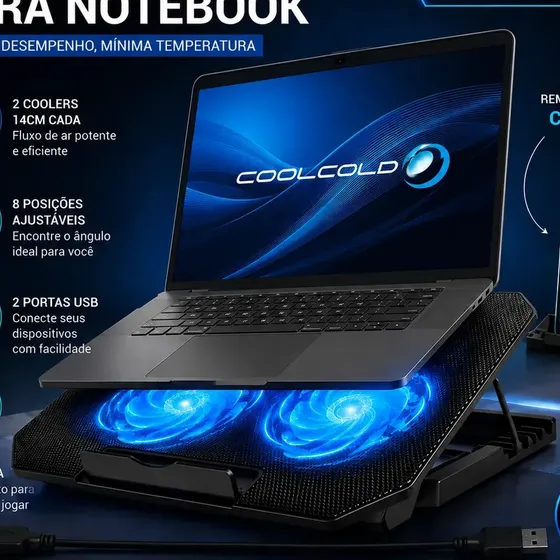 Suporte Notebook Coolcold Com 2 Cooler Ventoinhas Base Mesa Led Refrigerada Ventilação Silenciosa Cor Preto Led Azul Laptop Notebook Até 17 Polegadas