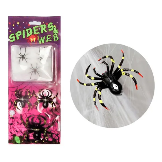 Teia De Aranha Artificial C/ 6 Aranhas Decoração Halloween