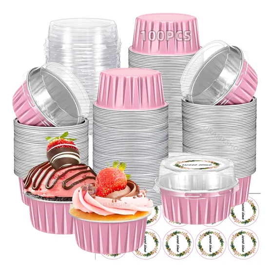 100 Molde De Aluminio Cupcake Para Hornear Con Tapa