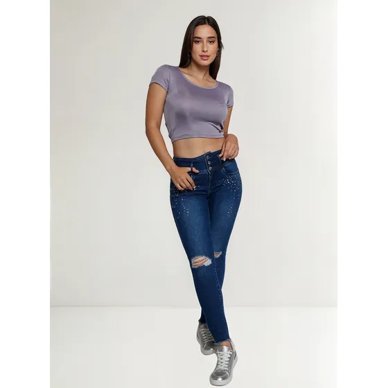 Jeans Mujer J.j.o 3 Botones Push Up Roturas