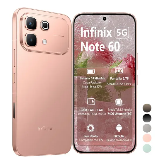 Celular Infinix Note 60 5G 16GB RAM: 8GB+8GB Extendible 256GB ROM, 6,78'' AMOLED 144Hz 1.5K, 6150mAh 30W Inalámbrica 45W Carga Rápida, Ai
