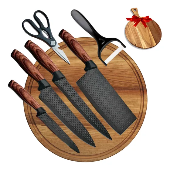 Kit Faca 6 Peças Inox Para Cozinha Churrasco + Tabua Brinde