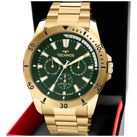Relógio Technos Masculino Multifunção 6p29amn/1v Fundo Verde Quartzo Dourado