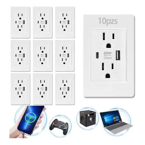 10pz Toma De Corriente De Americanos Para Pared Usb Y Type C