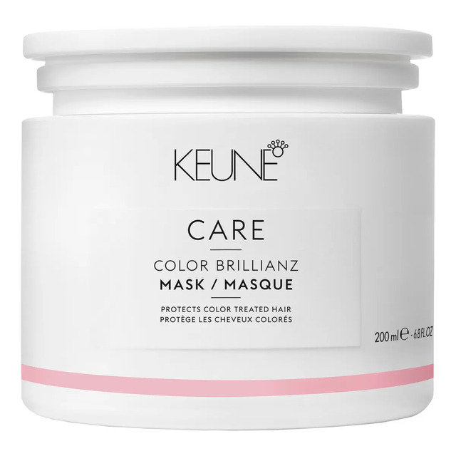 Pote branco de máscara capilar Keune Care Color Brillianz 200ml com tampa de rosca e detalhes em rosa na base
