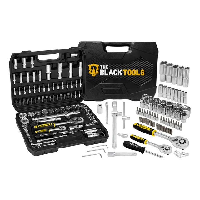 Jogo De Ferramentas Soquetes Encaixe 1/4 E 1/2 Pol. Catraca Reversível Aço Crv 94 Peças Com Maleta Tkf94 The Black Tools Cromado