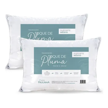 Kit 02 Travesseiros Toque Pluma 70x50 Percal 180 Fios Médio Branco