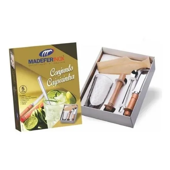 Kit Caipirinha Colher Inox Copo Vidro Tabua Socador Madeira