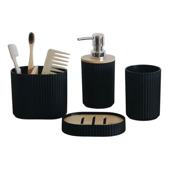 Set De Baño 4 Piezas Bambu Moderno Blanco Negro