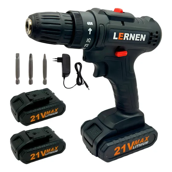 Taladro Destornillador Inalámbrico Lernen TIEC 21v Con 2 Baterías Color Negro