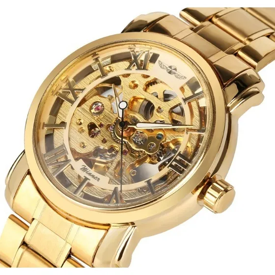 Relógio Masculino Automático Aço Inox Dourado Skeleton