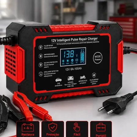 Carregador Inteligente de Bateria Automotiva 12V 6A Bivolt com Display Digital para Baterias 4Ah a 100Ah Carro Moto Utilitário Barco Caminhão Recupera Bateria