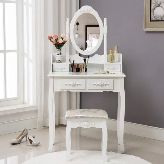 Tocador Comoda Maquillaje Con Banca + Espejo Lorenza