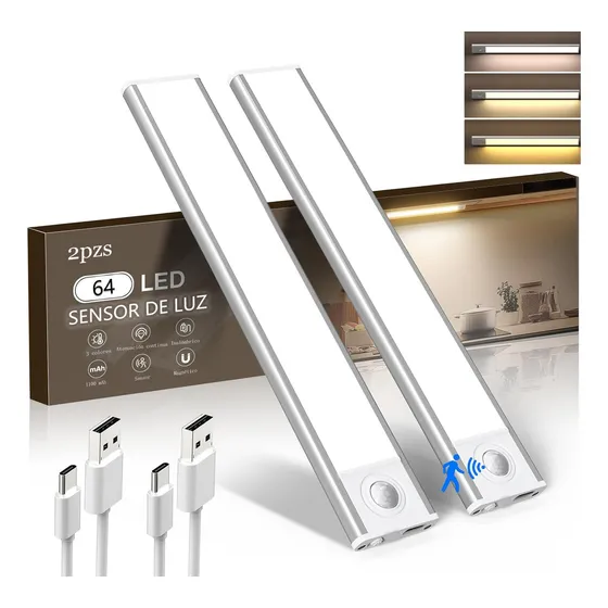 2 Lampara Con Sensor Movimiento Luz Led Recargable,lámpara Debajo De Armario Automático Luce Inalámbrica Recargable Usb Lámpara De Barra Magnética Iluminación Nocturna Para Gabinete Clóset
