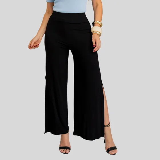 Calça Flare Pantalona Com Recorte Fenda Lateral De Malha 
